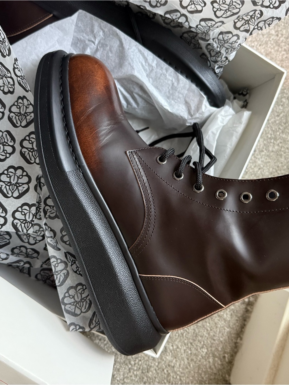 Alexander McQueen Brown Leather Lace-Up Combat Boots with Black Sole